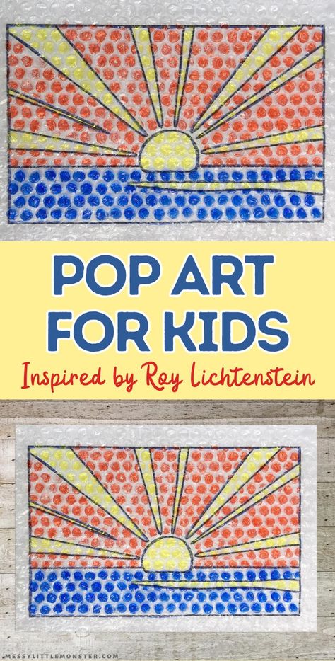 Roy Lichtenstein Sunrise, Pop Art For Kindergarten, Pop Art Lessons For Elementary, Pop Art Ideas, Pop Art Lichtenstein, Pop Art Roy Lichtenstein, Roy Lichtenstein Art, Famous Artists For Kids, Bubble Wrap Art