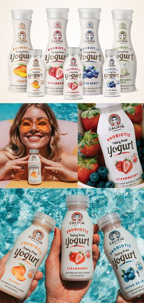 Awesome branding work for Califia Probiotic Yogurts by farm design.  Farm Design to create a packaging system that clearly communicates the unique brand proposition of their product. Califia’s Probiotic Dairy-Free Yogurt packaging design stays true to the simple, premium and sophisticated essence of the brand, highlighting the integrity of the natural ingredients through hand-drawn illustrations. #branding #design #itsmesimon #packaging Drinking Yogurt Packaging Design, Yogurt Drink Packaging, Probiotic Packaging Design, Yoghurt Packaging Design, Dairy Farm Design, Yogurt Branding, Yogurt Design, Yogurt Packaging Design, Yoghurt Packaging