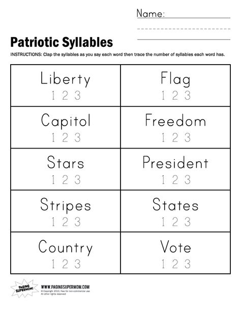 Patriotic Syllables Worksheet Zoo Worksheets, March Kindergarten Worksheets, Syllables Worksheet, Number Words Worksheets, Compound Words Worksheets, Syllables Activities, Worksheet For Kindergarten, Kindergarten Phonics Worksheets, Kindergarten Reading Worksheets