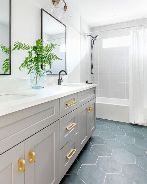 Instagram Coastal Bathroom With Tub, Hallway Bathroom Ideas With Tub, Transitional Kids Bathroom, Seafoam Bathroom, Hexagon Tile Bathroom Floor, Blue Tile Floor, Hexagon Tile Bathroom, Bedrosians Tile, Blue Bathroom Tile