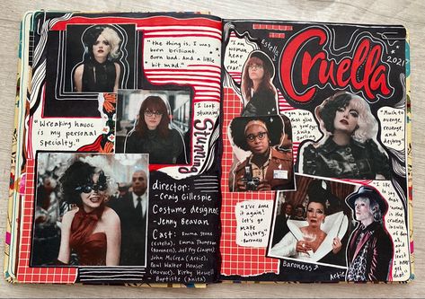 Fashion Journals Ideas, Fashion Journals Aesthetic, Character Scrapbook Ideas, Film Collage Aesthetic, Cruella Journal, Movie Journal Cover, Magazine Spread Design Creative, Movie Journal Aesthetic, Fashion Scrapbook Ideas