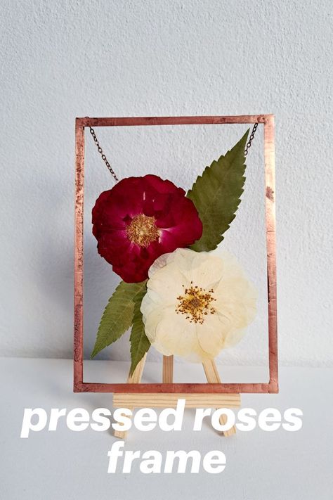 Copper frame with real pressed roses and leaves. Floral wall art Rose Bedroom Decor, Pressed Roses, Pressed Flowers Frame, Stained Glass Frames, Rose Bedroom, Blue Roses Wallpaper, Romantic Christmas Gifts, Dried Roses, Drying Roses