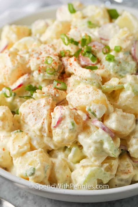 The best Potato Salad has tender potatoes, crisp veggies, boiled eggs, and a creamy potato salad dressing. #spendwithpennies #potatosalad #homemadepotatosalad #sidedishrecipe #potatorecipe Deviled Egg Potato Salad, Best Potato Salad Recipe, Homemade Potato Salads, Roasted Potato Salads, Southern Potato Salad, Potato Salad Dressing, Potato Salad Recipe Easy, Yukon Potatoes, Potato Salad With Egg