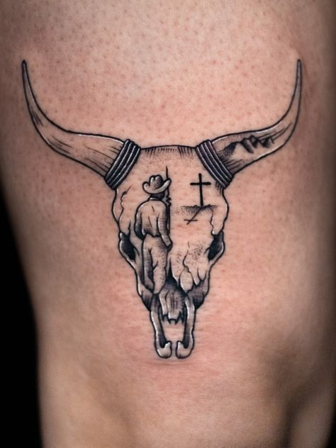 Cow Skull With Cowboy Hat Tattoo, Zach Bryan Tattoo Bull Skull, Zach Bryan Cow Skull Tattoo, Blue Collar Tattoo Ideas For Men, Country Men Tattoos Ideas, Long Horn Hand Tattoo, Small Simple Mens Tattoos, Farm Tatoos Ideas, Longhorn Skull Tattoo Men