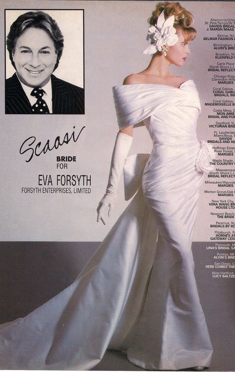 1991, Arnold Scaasi.  I like his wedding dresses--none of the overly-designed excesses of the 1980's and early 90's. Early 90s Wedding Dress, 90s Bridal Runway, 80s Inspired Wedding Dresses, 90s Wedding Dresses, 90’s Wedding Dress, 90s Wedding Dress Vintage, 1980 Wedding Dress, 90s Wedding Aesthetic, 1990s Wedding Dress