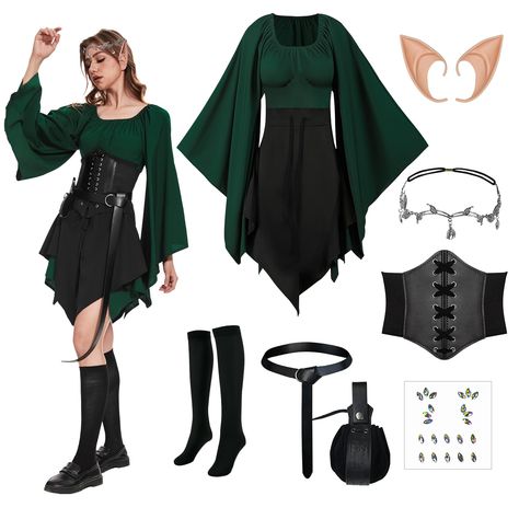 PRICES MAY VARY. 8PCS Medieval Fairy Costume Set: you will receive an Irish dance costume for women, a pair of elf latex ears, a black tight corset, a multi tassel dribble gemstone headband, a pair of black long stockings, a PU leather belt, a drawstring pouch, A Group Of Elf Tear Diamond sticker, which can satisfy your dress demand. Traditional Irish dress: The overall elf costume of women has a renaissance and retro style, the sleeves are loose, the waist is designed with a drawstring, which i Black Elf Costume, Elves Halloween Costume, Dark Elf Costume Women, Green Witch Costume For Women, Green Elf Costume, Fairy Rennaisance Outfits, Elf Halloween Costume Women, Which Costume Halloween, Pixie Costume Women