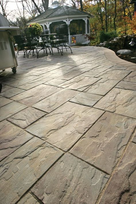 Unilock patio with Rivenstone paver - Photos Walkways On Slopes, Diy Patio Pavers, Stone Pavers, Paver Designs, Concrete Patio Designs, Patio Pavers Design, Concrete Patios, Paver Walkway, Patio Pavers