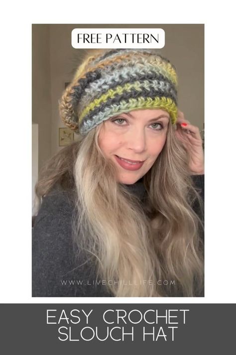 Learn to make this fast and easy crochet chunky slouch hat with a modest slouch style or a super slouch style.  Free pattern and video tutorial to help you get the result you want. Slouch Hat Pattern Free, Crochet Hat Free Pattern, Slouch Hats, Chunky Crochet Hat, Slouch Hat Pattern, Crochet Slouch Hat, Hat Patterns Free, Hat Tutorial, Crochet Hat Free