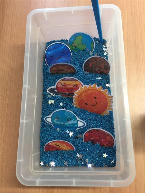 Our planet sensory bin. Planet Sensory Bin, Planets Sensory Bin, Solar System Reggio Emilia, Planet Sensory Activities, Solar System Sensory Bin, Planets For Preschoolers, Space Sensory Bin, Feelings Activities Preschool, Space Sensory