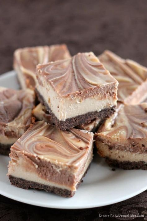 Peanut Butter Chocolate Swirl Cheesecake Bars | Dessert Now, Dinner Later! Cheese Ragoons, Recipes Using Cream, Oreo Layer Dessert, Using Cream Cheese, Peanut Butter Cheesecake Bars, Desserts Nutella, Homemade Cream Puffs, Chocolate Swirl Cheesecake, Recipes Using Cream Cheese