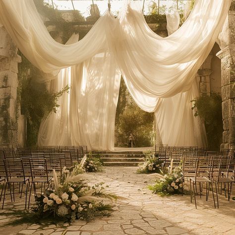 We are always on the lookout for new trends to provide fresh inspiration to our couples. We value customers who have an eye for innovative design and seek something special. Our passion lies in getting creative right here and developing unique concepts. Thanks to artificial intelligence, we can now create even larger and more impressive designs, like this one: a romantic wedding ceremony in a picturesque location. Which setup is your favorite? Feel free to share it with us in the comments! W... Flower Stage Decoration, Private Wedding Ceremony, Mystical Wedding, Unique Wedding Locations, Wedding Drapery, Wedding Layout, Draping Wedding, Romantic Wedding Ceremony, Wedding Venues Indoor