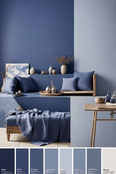 Blue Color Wall Paint, House Paint Combination, Different Painting Ideas For Walls, Indigo Interior Design, Trending Blue Paint Colors, Blue Room Color Palette, Colors That Go With Blue Colour Palettes, Indigo Blue Color Palette, Cupboard Colour Combinations