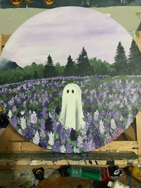 Cute Nature Paintings, Fall Paint Ideas On Canvas, Aesthetic Painting Halloween, Ghost Painting Cute, Paintings Ideas Halloween, Art Inspiration Halloween, Fall Vibes Painting, Fall Vibe Painting, Funny Halloween Painting