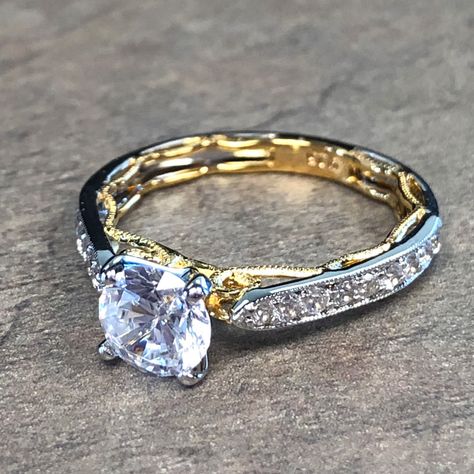 14K Two Tone Vintage Diamond Accent Engagement Ring with Open Side Detail - $2299 Two Tone Rings Engagement, Two Tone Engagement Ring, Two Tone Engagement Rings, Bride Top, Gorgeous Rings, Vintage Inspired Engagement Rings, Round Diamond Engagement Ring, Wh Questions, Vintage Engagement Ring