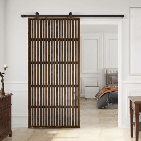 Japanese Series Pre Assemble Walnut Stained Wood Interior Sliding Barn Door - Bed Bath & Beyond - 37822126 Diy Minimalist Kitchen, Modern Japandi Kitchen, Stained Wood Interior, Shoji Sliding Doors, Japanese Sliding Doors, Japanese Series, Japandi Kitchen, Door Bed, Wooden Barn Doors