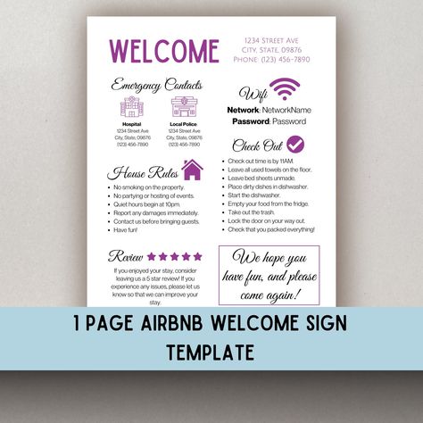 Airbnb Welcome, Welcome Sign, Airbnb, 1 Page Airbnb Welcome Sign, DIGITAL DOWNLOAD, Airbnb book template, Welcome, Airbnb Printable, Airbnb -----HOW IT WORKS----- This aesthetic single 1 page Airbnb Welcome Sign is the perfect way to display all the essential information your guest will need for their ideal stay! With this Welcome Sign, you will surely get those 5 star reviews! Note that this Airbnb Printable Product is a DIGITAL DOWNLOAD; no physical print will be shipped. The template is 8.5 i Welcome Airbnb, Air Bnb Welcome, Hotel Marketing Design, Airbnb Welcome Sign, Modern Coastal Home, Hotel Marketing, Airbnb House, Welcome Note, Airbnb Design