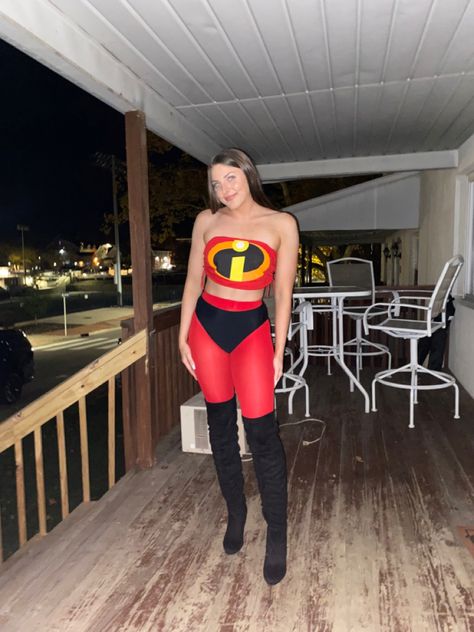 young woman wearing elastigirl costume Mrs Incredible Costume College, Mrs Incredible Costume Diy, Incredibles Costume Women, Ms Incredible Costume, Violet Incredibles Costume, Diy Incredibles Costume, Cartoon Costume Ideas Women, Incredibles Halloween Costume, Elastigirl Costume