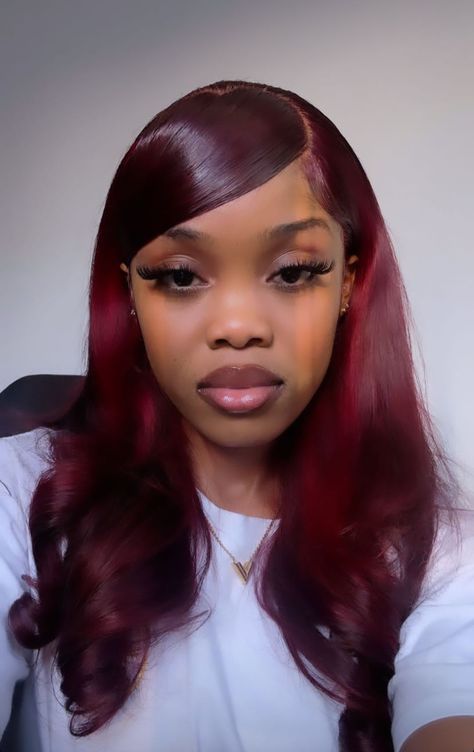 Red Velvet Hair Color With Highlights, Red Wig Styles, Sleeked Hairstyles, Red Hair Barbie, Ruby Red Hair Color, Ruby Red Hair, Red Hair Outfits, Red Weave Hairstyles, Frontal Wig Hairstyles