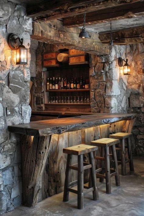 Cabin Gameroom, Wine Basement, Small Basement Bar Ideas, Rustic Outdoor Bar, Stable Cafe, Bar Design Ideas, Basement Bar Design, Western Bar, Bar Deco