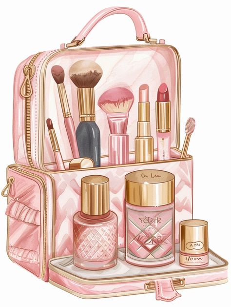 Pink Objects Aesthetic, Makeup Set Up, Beauty Illustration Makeup, Make Up Clipart, Makeup Graphics, Cosmetics Ideas, Cosmetics Illustration, Makeup Clipart, Etsy Clipart