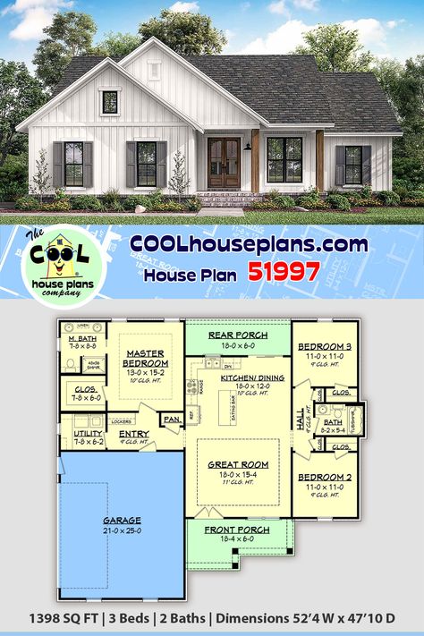 Small country house plan with 1398 sq ft. This three-bed and two bath layout offers a one floor or 1 story house design on a slab or crawlspace foundation. The split bedroom design offers privacy for the master suite and the covered rear porch provides an area to sit and relax. Garage will fit two average size cars and enters close to the kitchen. The plan is simple in design and construction cost would be affordable within in its respective square footage range.  1 story country home floor plan One Story Three Bedroom House Plans, Affordable Farmhouse Plans, 11x11 Bedroom Layout, Small House With Garage, Small Country House Plans, Small Country House, Slab House, Bath Layout, Small Country Homes