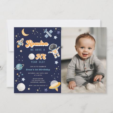 $2.35 | Retro Space Houston We Have a 1 Year Old Birthday - space, rocket ship, galaxy, planets, astronaut, boy, houston we have a, first, blue, photo Pink Backgrounds, Diy Birthday Invitations, Retro Space, Retro Birthday, Boy Birthday Invitations, Space Birthday, Birthday Supplies, Candy Pink, Retro 70s