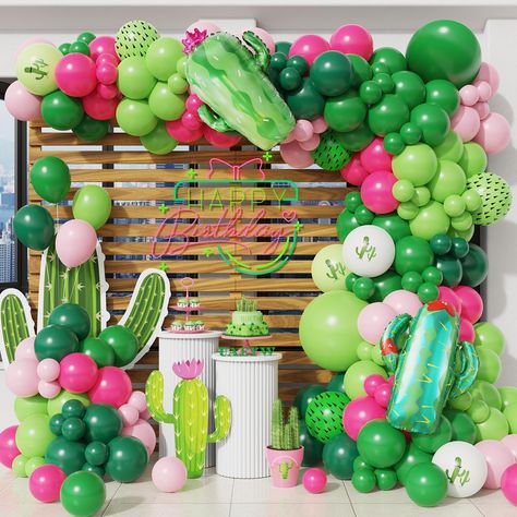 PRICES MAY VARY. PACKAGE INCLUDE: 30pcs dark green balloons,31pcs green balloons,31pcs fruit green balloons,20pcs pink balloons,20pcs hot pink balloons,8pcs cactus latex balloons,2pcs cactus foil balloons,1pcs balloon arch strip tape,1 roll of 100 dot glue. PREMIUM MATERIAL: Our cactus birthday party balloons are made of natural latex, non-toxic. All materials are of high quality and good safety. Please be careful not to overinflate the balloons,or they will be pop and burst easily. WIDELY APPLI Fiesta Balloon Arch, Taco Birthday Party, Taco Birthday, Cactus Balloon, Cactus Party Decor, Mexican Party Decorations, Tropical Party Decorations, Mexican Birthday, Cactus Party