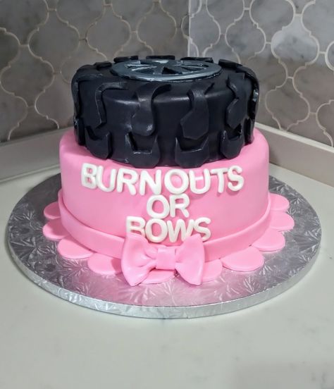 Burnouts And Bows Cake, Hoops Or Bows Gender Reveal, Bike Gender Reveal Ideas, Burn Outs And Bows Gender Reveal, Gender Reveal Burnouts Or Bows, Gender Reveal Ideas Racecar, Twin Gender Reveal Ideas For Party Theme, Burn Out And Bows Gender Reveal, Gender Reveal Dirtbike Theme