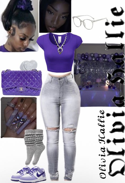 Purple Outfit Ideas Black Women, Outfit Layout School, Purple Baddie Outfits, Purple Outfits Black Women, Purple Outfits Aesthetic, Purple Outfit Ideas, Background Clothes, Type Outfit, Teen Swag Outfits