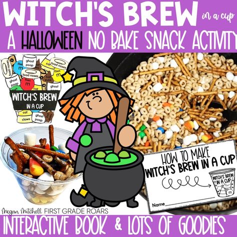 Halloween Treat Classroom, Witches Brew Snack Mix Recipe, Halloween Day Activities Kindergarten, Witch Writing Ideas, 2nd Grade Halloween Party Craft, Witches Brew Snack Mix For Kids, Halloween Class Party Ideas Kindergarten, Halloween Party Ideas Preschool, Classroom Halloween Treats