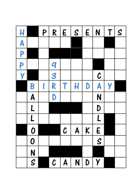 93rd Birthday Crossword Puzzle card Birthday Crossword Puzzle, Birthday Crossword, Handmade Invitation Cards, Illustrated Holiday Cards, 86 Birthday, 98th Birthday, 91 Birthday, 78 Birthday, 81st Birthday