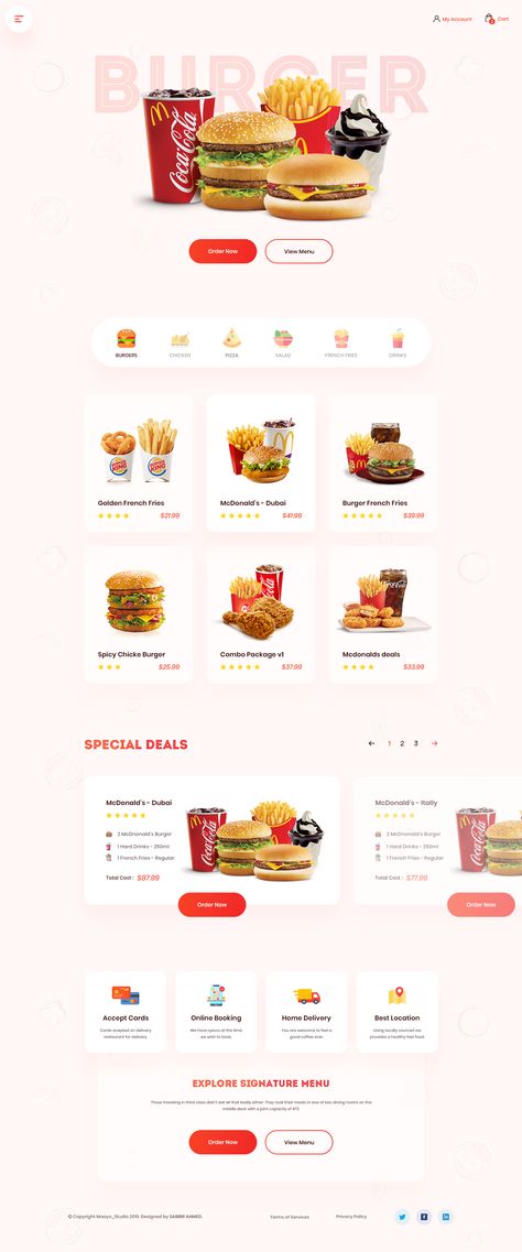 Kfc Website Design, Burger Website Design, Fast Food Website Design, Restaurant Landing Page, Food Website Layout, Food Landing Page Design, Food Website Design Inspiration, Food Landing Page, Web Cafe