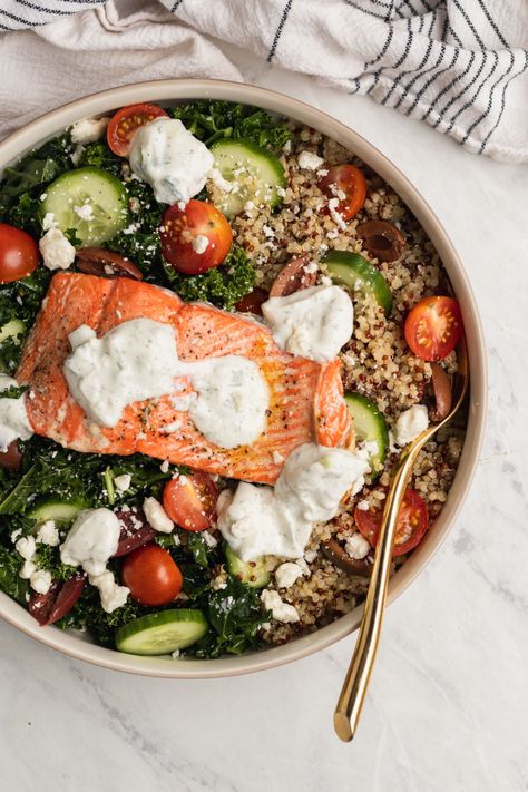 Air Fryer Tzatziki Salmon Bowls with Lemony Kale - Inspiralized Tzatziki Salmon, Kale Feta, Salmon Bowls, Shrimp Zucchini, Salmon Bowl, Healthiest Seafood, Spiralizer Recipes, How To Cook Fish, Salmon Salad