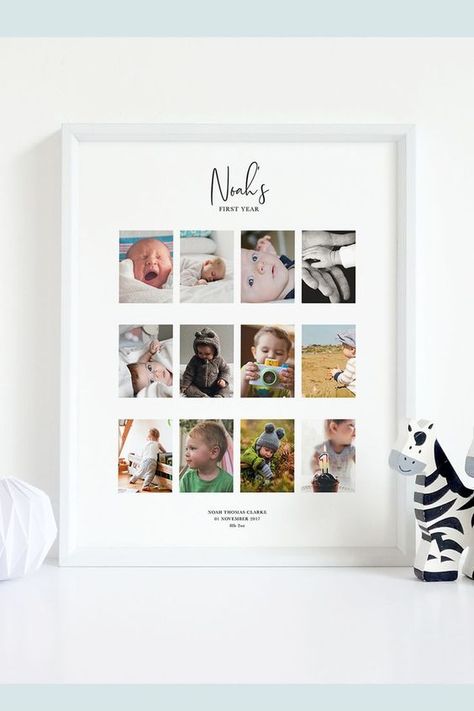 Baby's First Year photo collage First Year Picture Display, My First Year Picture Display, Unique Baby Gift Ideas, Photo Collage Ideas, Baby Photo Collages, Wedding Photo Collage, One Year Pictures, Baby Birthday Decorations, Meaningful Artwork