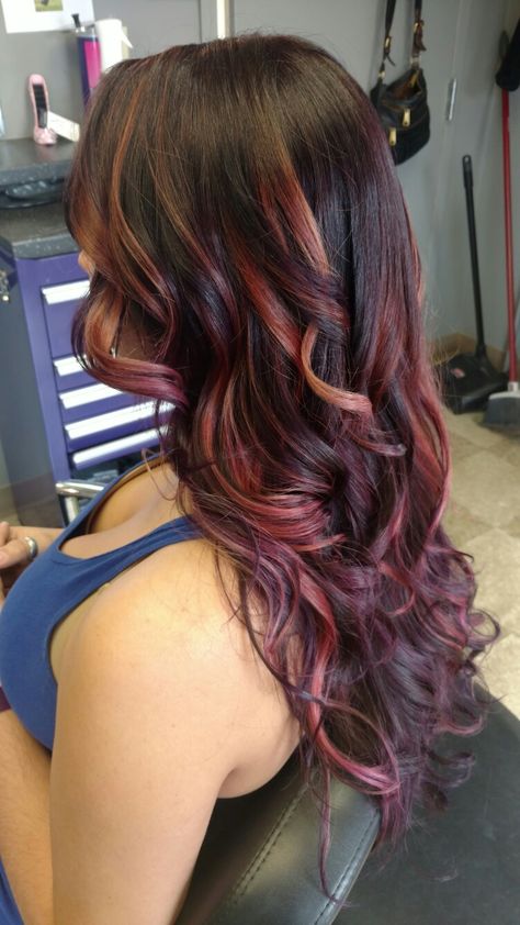 Copper And Purple Hair Highlights, Violet And Red Hair, Burgundy With Blonde Highlights, Flower Color Combinations, Balayage For Brunettes, Holiday Hair Color, Hair Burgundy, Caramel Brown Hair, The Best Haircut