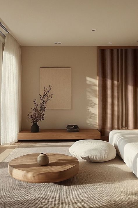 Vintage Japandi Living Room, Living Room Designs Japanese, Japanese Home Interior Modern, Muji Style Interior Living Rooms, Japan Scandinavian Interior, Minimalist Meditation Space, Japanese Minimalist Interior, Japandi Lounge, Japanese Modern Interior