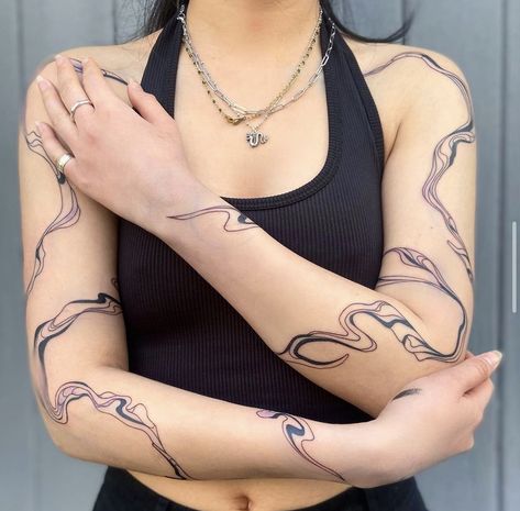 Tattoos On Both Arms, River Tattoos, Line Tattoo Arm, Above Elbow Tattoo, Swirl Tattoo, Around Arm Tattoo, Wrap Around Tattoo, Wrap Tattoo, Pretty Hand Tattoos