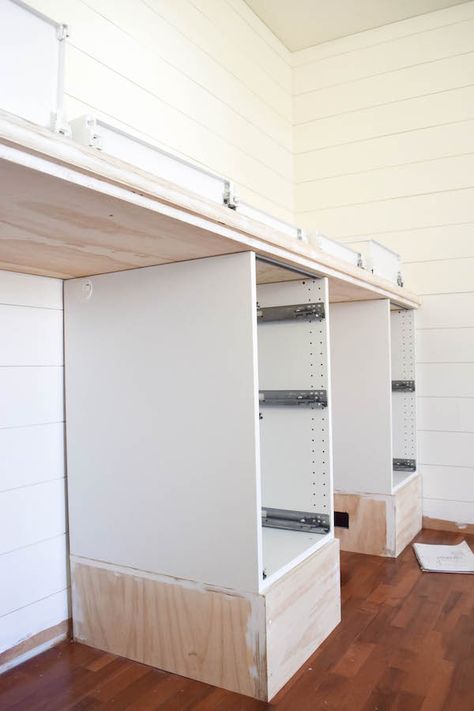 Rachel Schultz: MAKING IKEA CABINETS INTO A BUILT IN STANDING DESK Diy Built In Desk With Cabinets, Built In Standing Desk, Base For Cabinets, Built In Wall Cabinets, Diy Built In Desk, Building A Wall, Desk Wall Unit, Diy Standing Desk, Armoire Ikea