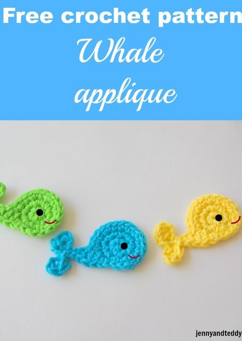 Crochet Fish Applique, Appliqué Crochet, Crochet Pictures, Whale Applique, Whale Crochet, Crochet Whale, Crochet Applique Patterns Free, Crochet Embellishments, Crochet Fish