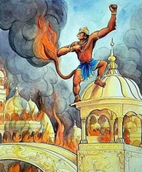 Hanuman burned Lanka Ram Hanuman, Ram Wallpaper, Hanuman Ji Wallpapers, Rama Image, Indian Mythology, Hanuman Hd Wallpaper, Fire Drawing, Lord Rama Images, Bhakti Yoga