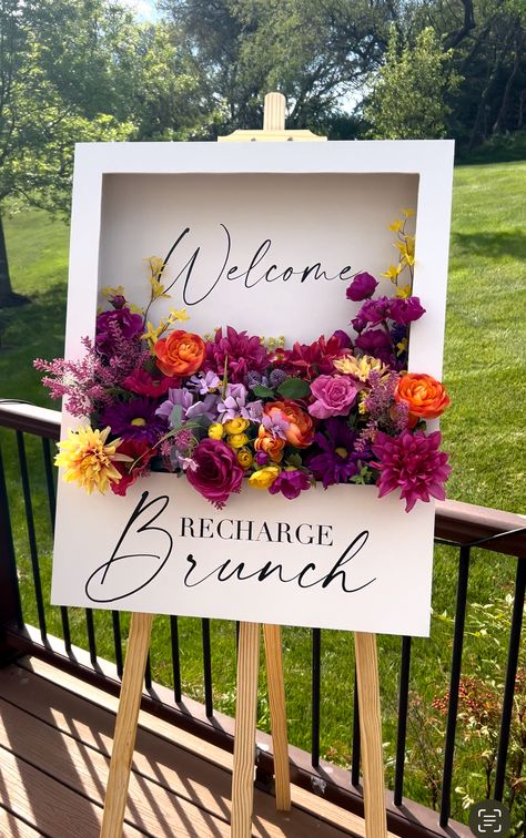 DIY Flower Box Welcome Sign - One Handy Momma Diy Welcome Sign Floral Arrangement, Welcome Floral Sign, Flower Box Wall Decor, Easy Diy Event Decor, Welcome Floral Box Sign, How To Make Flower Box Welcome Sign, Diy Flower Welcome Sign, Business Welcome Sign, Flower Board Decoration