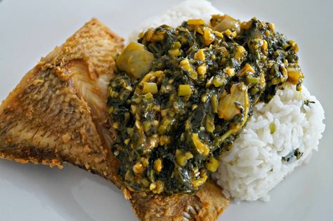 Pemahun: A Sierra Leonean One Pot Steamed Rice and Sweet Potato Leaves mixed with Okra and Garden Eggs | The Cooking Wardrobe Food Recipes African, Efo Riro, Nigerian Food Recipes, Recipes African, Sweet Potato Leaves, Nigeria Food, How To Make Spinach, West African Food, Nigerian Recipes