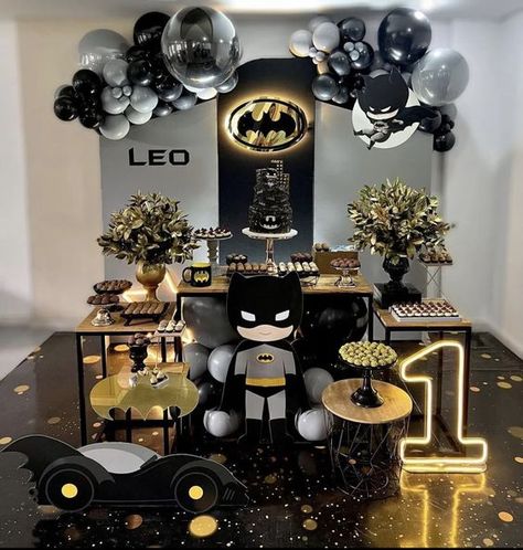 Batman first birthday theme and decorations First Birthday Themes For Boys, Baby Boy Birthday Decoration, Batman Party Decorations, Batman Themed Birthday Party, Baby Boy Birthday Themes, First Birthday Theme, Batman Theme, Boy Birthday Decorations, Boys 1st Birthday Party Ideas