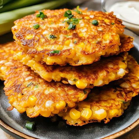 Quick and Easy Corn Fritters Recipe - Martha Stewart Corn Fritters, Corn Cakes Pioneer Woman, Homemade Corn Fritters, Corn Patties Fried, Air Fryer Corn Fritters Recipe Easy, Corn Fritters With Jiffy, Bisquick Corn Fritters, Corn Cakes Recipe Easy, Cream Corn Fritters Recipe Easy