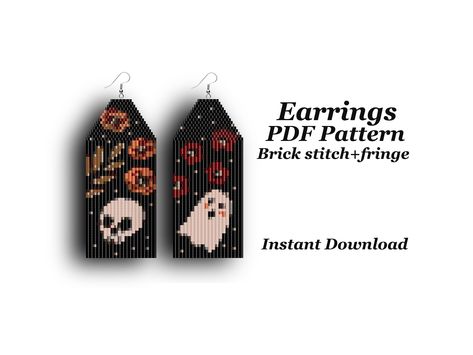 "This PDF earrings  pattern  with the image of a skull and a ghost for Halloween pattern. In gotic style. Please note that this is a digital product, not a finished product! Attention! Does not contain basic instructions! This pattern is suitable for those who have the skills to create similar earrings (the ability to weave with a brick). PDF-pattern includes: Large pattern image, Bead legend with color, name, number and quantity of beads, Word chart, Bead pattern. By purchasing this template, you have the right to use it for personal purposes only. Please do not redistribute (do not resell). The finished product, made according to the scheme, you can sell. DOWNLOAD INSTRUCTIONS: -Add this item to your cart -Proceed through Etsy checkout as normal -Follow the \"Downloads\" link to see your Beaded Halloween Earrings, Ghost For Halloween, Beaded Halloween, Halloween Beaded Jewelry, Earrings Pattern, Bead Crochet Patterns, Beaded Earrings Diy, Halloween Beads, Brick Stitch Earrings