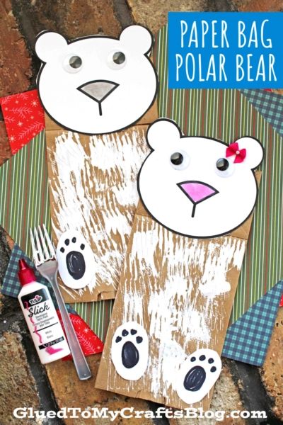 Bear Puppet, Fork Crafts, Craft With Paper, Polar Bear Card, Kindergarten Art Activities, Polar Bear Craft, Bear Craft, Polar Bear Art, Paper Bag Crafts