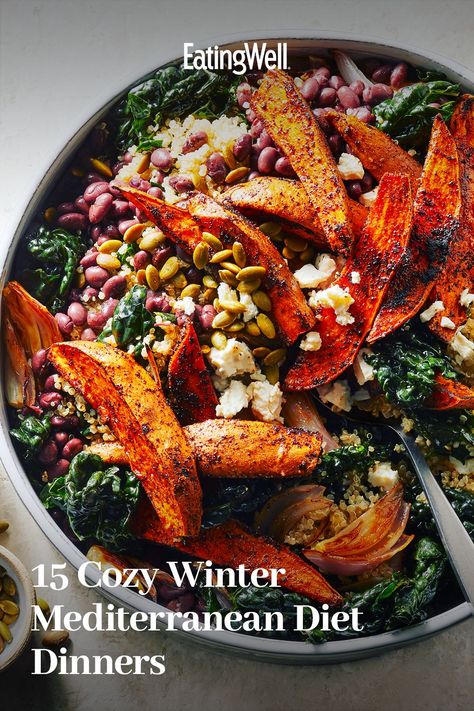 These dinner recipes are healthy options to keep you warm in colder weather. Starring ingredients like produce, healthy fats, whole grains and lean protein, these delicious dinners fit well into the Mediterranean diet. Recipes like our Gochujang-Glazed Salmon with Garlic Spinach and Massaged Kale Salad with Roasted Sweet Potato & Black Beans are tasty, healthy and satisfying options for dinner tonight. #dinner#dinnerideas#supperideas#dinnerrecipes#healthydinnerideas#healthydinnerrecipes Massaged Kale Salad, Winter Salad Recipes, Mediterranean Diet Recipes Dinners, Massaged Kale, Diet Dinner Recipes, Garlic Spinach, Easy Mediterranean Diet Recipes, Sweet Potato Black Beans, Roasted Sweet Potato