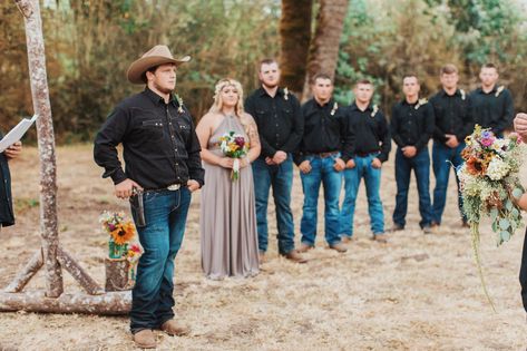 Cowboy Casual Wedding Attire, Mens Wedding Attire Black Casual, Casual Country Wedding Attire, Groom Black Shirt And Jeans, Groom And Groomsmen Attire Jeans And Boots, Casual Wedding Outfit Groom Jeans, Groomsmen Blue Jeans, Groom Attire Jeans And Boots, Cowboy Groom Attire Black