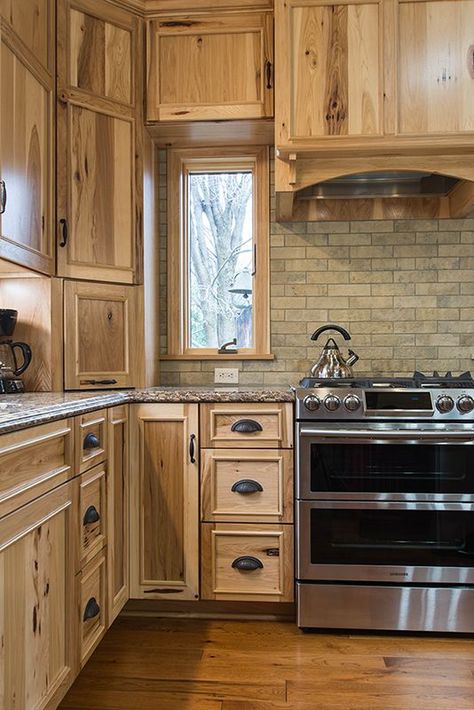 hickorycabinets Rustic Hickory Kitchen, Rustic Hickory Cabinets, Hunting Shack, Hickory Kitchen Cabinets, Hickory Kitchen, Frame Kitchen, Hickory Cabinets, Kitchen Countertops Laminate, Brown Kitchen Cabinets