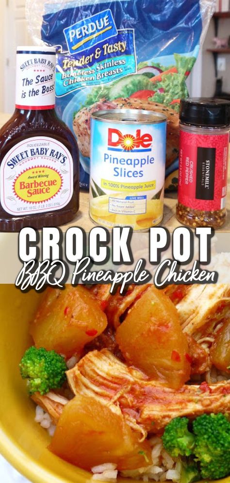 CROCK POT HAWAIIAN CHICKEN (BBQ Pineapple Chicken) Family Favorite! Only 4 ingredients, an awesome slow cooker recipe that's so versatile. Serve over rice with steamed veggies, also so makes excellent quesadillas! Barbecue Pineapple Chicken Crockpot, Crockpot Chicken And Pineapple Recipes, Chicken Pineapple Recipe Crock Pots, Slow Cooker Hawaiian Pineapple Chicken, Pineapple Chicken Crockpot Easy, Crockpot Chicken With Pineapple, Bbq Pineapple Chicken Crockpot, Chicken Bbq Pineapple, Hawaiian Bbq Chicken Crockpot